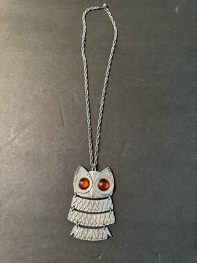 Silver Owl Pendant Necklace with Amber Eyes vintage